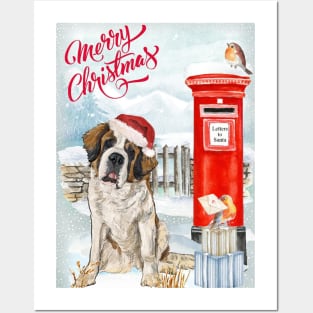 Saint Bernard Merry Christmas Santa Dog Holiday Greeting Posters and Art
